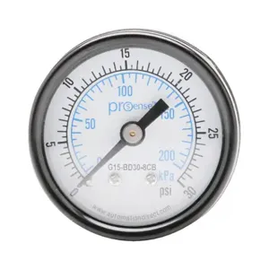 PROSENSE G15-BD30-8CB Mechanical Pressure Gauge, 1.5 Inch Dia., 0 To 30 Psig/0 To 200 Kpa, Black Steel Dry Case | CV7NRY