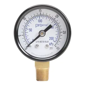 PROSENSE G15-BD30-8LB Mechanical Pressure Gauge, 1.5 Inch Dia., 0 To 30 Psig/0 To 200 Kpa, Black Steel Dry Case | CV7NRZ