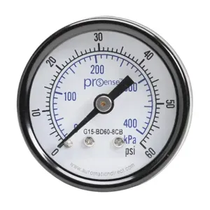 PROSENSE G15-BD60-8CB Mechanical Pressure Gauge, 1.5 Inch Dia., 0 To 60 Psig/0 To 400 Kpa, Black Steel Dry Case | CV7NTA