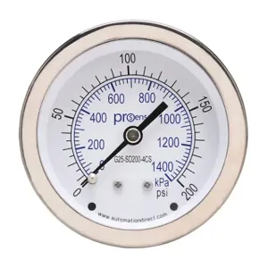 PROSENSE G25-SD200-4CS Mechanical Pressure Gauge, 2.5 Inch Dia., 0 To 200 Psig/0 To 1400 Kpa | CV7NUP