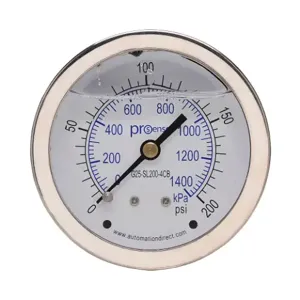 PROSENSE G25-SL200-4CB Mechanical Pressure Gauge, 2.5 Inch Dia., 0 To 200 Psig/0 To 1400 Kpa | CV7NVR