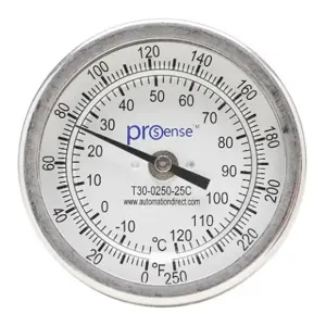 PROSENSE T30-0250-25C Bi-Metal Dial Thermometer, 3 Inch Dia., 2 1/2 Inch Insertion Length | CV8DCW