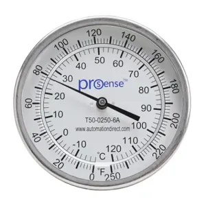 PROSENSE T50-0250-6A Bi-Metal Dial Thermometer, 5 Inch Dia., 6 Inch Insertion Length | CV8DDL