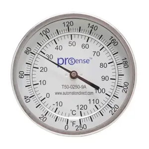 PROSENSE T50-0250-9A Bi-Metal Dial Thermometer, 5 Inch Dia., 9 Inch Insertion Length | CV8DDM