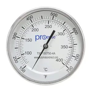 PROSENSE T50-150750-4A Bi-Metal Dial Thermometer, 5 Inch Dia., 4 Inch Insertion Length | CV8DDP