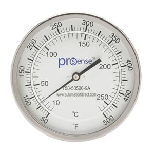 PROSENSE T50-50500-9A Bi-Metal Dial Thermometer, 5 Inch Dia., 9 Inch Insertion Length | CV8DDV