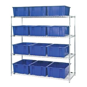 QUANTUM STORAGE SYSTEMS WR4-12225 Wire Shelving, Stack And Nest Totes, 4 Shelves, 24 x 66 x 63 Inch Size, 12 Bins | CG9RWG