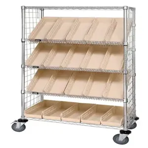 QUANTUM STORAGE SYSTEMS WRCSL5-63-2436EP-106 Wire Cart, Slanted Shelf, Enclosed Panels, 24 x 36 x 69 inch Size, 20 Bins | CG9TCD