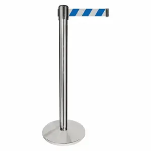 QUEUEWAY QPLUS-1P-D1 Barrier Post With Belt, Metal, Polished Chrome, 40 Inch Post Height, 2 1/2 Inch Post Dia | CT8KND 52NR22