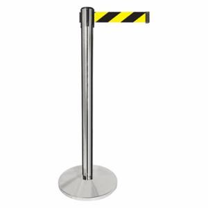 QUEUEWAY QPLUS-1P-D4 Barrier Post With Belt, Metal, Polished Chrome, 40 Inch Post Height, 2 1/2 Inch Post Dia | CT8KNY 52NR25