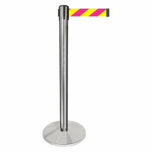 QUEUEWAY QPLUS-1P-D5 Barrier Post With Belt, Metal, Polished Chrome, 40 Inch Post Height, 2 1/2 Inch Post Dia | CT8KNQ 52NR26