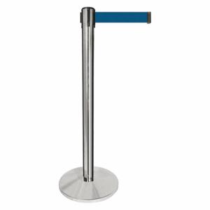 QUEUEWAY QPLUS-1P-L7 Barrier Post With Belt, Metal, Polished Chrome, 40 Inch Post Height, 2 1/2 Inch Post Dia | CT8KNZ 52NR35