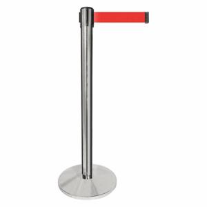 QUEUEWAY QPLUS-1P-R5 Barrier Post With Belt, Metal, Polished Chrome, 40 Inch Post Height, 2 1/2 Inch Post Dia | CT8KNB 52NR39
