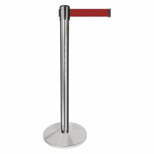 QUEUEWAY QPLUS-1P-R7 Barrier Post With Belt, Metal, Polished Chrome, 40 Inch Post Height, 2 1/2 Inch Post Dia | CT8KNN 52NR40