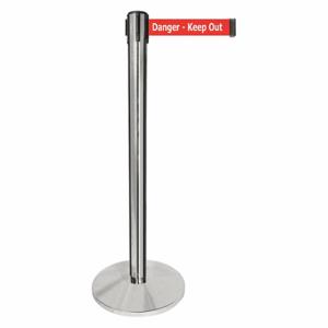 QUEUEWAY QPLUS-1P-RH Barrier Post With Belt, Metal, Polished Chrome, 40 Inch Post Height, 2 1/2 Inch Post Dia | CT8KPB 52NR44