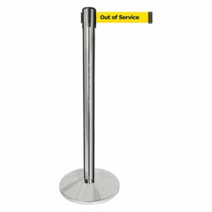 QUEUEWAY QPLUS-1P-YE Barrier Post With Belt, Metal, Polished Chrome, 40 Inch Post Height, 2 1/2 Inch Post Dia | CT8KRK 52NR56