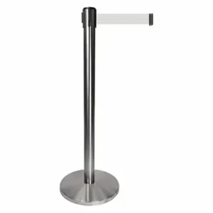 QUEUEWAY QPLUS-1S-B1 Barrier Post With Belt, Metal, Satin Chrome, 40 Inch Post Height, 2 1/2 Inch Post Dia | CT8KQG 52NR57