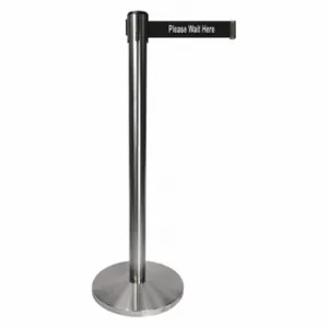 QUEUEWAY QPLUS-1S-BC Barrier Post With Belt, Metal, Satin Chrome, 40 Inch Post Height, 2 1/2 Inch Post Dia | CT8KPZ 52NR61