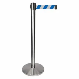 QUEUEWAY QPLUS-1S-D1 Barrier Post With Belt, Metal, Satin Chrome, 40 Inch Post Height, 2 1/2 Inch Post Dia | CT8KPX 52NR63