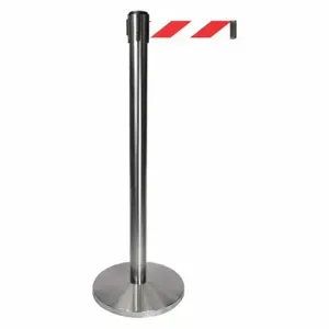 QUEUEWAY QPLUS-1S-D3 Barrier Post With Belt, Metal, Satin Chrome, 40 Inch Post Height, 2 1/2 Inch Post Dia | CT8KRD 52NR65