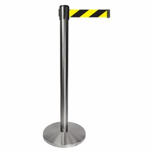 QUEUEWAY QPLUS-1S-D4 Barrier Post With Belt, Metal, Satin Chrome, 40 Inch Post Height, 2 1/2 Inch Post Dia | CT8KQB 52NR66