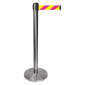 QUEUEWAY QPLUS-1S-D5 Barrier Post With Belt, Metal, Satin Chrome, 40 Inch Post Height, 2 1/2 Inch Post Dia | CT8KQD 52NR67