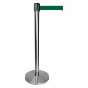 QUEUEWAY QPLUS-1S-G7 Barrier Post With Belt, Metal, Satin Chrome, 40 Inch Post Height, 2 1/2 Inch Post Dia | CT8KPN 52NR73