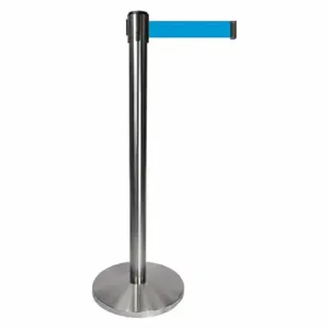 QUEUEWAY QPLUS-1S-L3 Barrier Post With Belt, Metal, Satin Chrome, 40 Inch Post Height, 2 1/2 Inch Post Dia | CT8KPY 52NR74