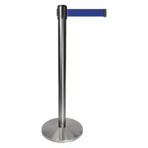 QUEUEWAY QPLUS-1S-L5 Barrier Post With Belt, Metal, Satin Chrome, 40 Inch Post Height, 2 1/2 Inch Post Dia | CT8KPC 52NR75