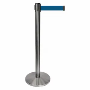 QUEUEWAY QPLUS-1S-L7 Barrier Post With Belt, Metal, Satin Chrome, 40 Inch Post Height, 2 1/2 Inch Post Dia | CT8KPE 52NR76