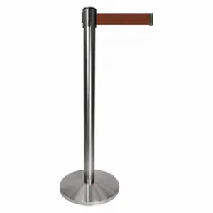 QUEUEWAY QPLUS-1S-N7 Barrier Post With Belt, Metal, Satin Chrome, 40 Inch Post Height, 2 1/2 Inch Post Dia | CT8KPH 52NR77