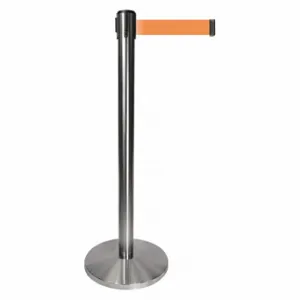 QUEUEWAY QPLUS-1S-O5 Barrier Post With Belt, Metal, Satin Chrome, 40 Inch Post Height, 2 1/2 Inch Post Dia | CT8KQC 52NR78