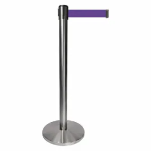 QUEUEWAY QPLUS-1S-P5 Barrier Post With Belt, Metal, Satin Chrome, 40 Inch Post Height, 2 1/2 Inch Post Dia | CT8KPL 52NR79