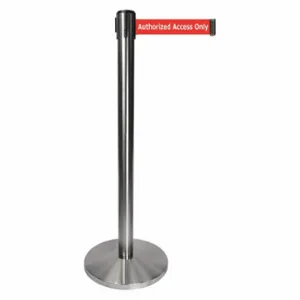 QUEUEWAY QPLUS-1S-RA Barrier Post With Belt, Metal, Satin Chrome, 40 Inch Post Height, 2 1/2 Inch Post Dia | CT8KPW 52NR82