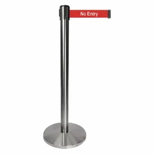 QUEUEWAY QPLUS-1S-RB Barrier Post With Belt, Metal, Satin Chrome, 40 Inch Post Height, 2 1/2 Inch Post Dia | CT8KQH 52NR83