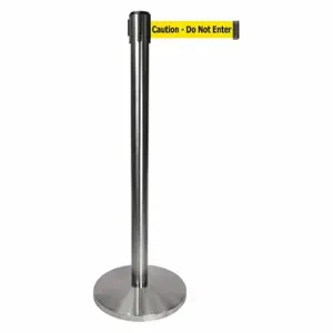 QUEUEWAY QPLUS-1S-YA Barrier Post With Belt, Metal, Satin Chrome, 40 Inch Post Height, 2 1/2 Inch Post Dia | CT8KPQ 52NR94