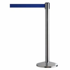 QUEUEWAY QWAYPOST-1P-L5 Barrier Post With Belt, Steel, Polished Chrome, 39 Inch Post Height, 2 1/2 Inch Post Dia | CT8KQM 31MJ04