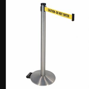 RETRACTA-BELT 304SASS-CAU Barrier Post With Belt, Aluminum, Satin Stainless Steel, 40 Inch Post Height, Sloped, Gray | CT8XFV 48VN62