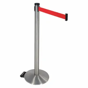 RETRACTA-BELT 304SASS-RD Barrier Post With Belt, Aluminum, Satin Stainless Steel, 40 Inch Post Height, Sloped, Red | CT8XGM 48VN70