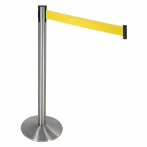 RETRACTA-BELT 330SASS-YW Barrier Post With Belt, Satin Stainless Steel, 40 Inch Post Height, Sloped, Yellow | CT8XGW 48VH94