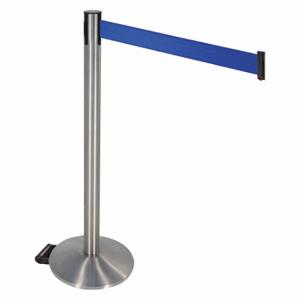 RETRACTA-BELT 334SASS-BL Barrier Post With Belt, Aluminum, Satin Stainless Steel, 40 Inch Post Height, Sloped, Blue | CT8XEX 48VR77