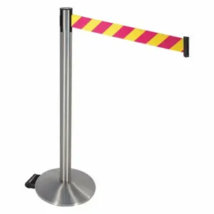 RETRACTA-BELT 334SASS-MYD Barrier Post With Belt, Aluminum, Satin Stainless Steel, 40 Inch Post Height, Sloped, Gray | CT8XFX 48VR84