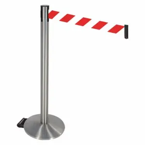 RETRACTA-BELT 334SASS-RWD Barrier Post With Belt, Aluminum, Satin Stainless Steel, 40 Inch Post Height, Sloped, Gray | CT8XFY 48VR89