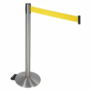 RETRACTA-BELT 334SASS-YW Barrier Post With Belt, Satin Stainless Steel, 40 Inch Post Height, Sloped, Yellow | CT8XGT 48VR92