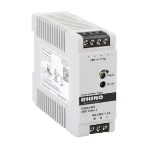 RHINO PSV24-50S Switching Power Supply, 24 VDC At 2.1A/50W, 120/240 VAC Nominal Input, 1-Phase, Enclosed | CV7VTP