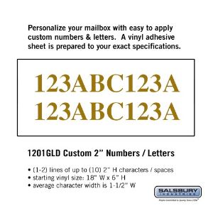 SALSBURY INDUSTRIES 1201GLD Benutzerdefiniertes Buchstaben- und Zahlenset, 1.5 x 2 Zoll Größe, horizontal, goldenes Vinyl | CE7GWQ