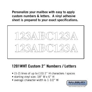 SALSBURY INDUSTRIES 1201WHT Custom Letter and Number Set, 1.5 x 2 Inch Size, Horizontal, White Vinyl | CE7GWX