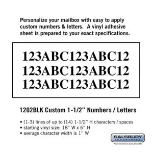 SALSBURY INDUSTRIES 1202BLK Custom Letter and Number Set, 18 x 6 Inch Size, Horizontal, Black Vinyl | CE7GWL