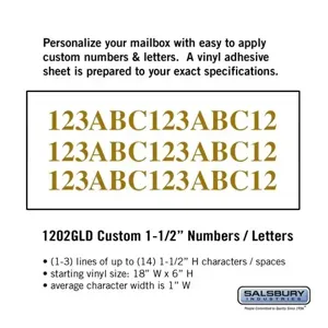 SALSBURY INDUSTRIES 1202GLD Custom Letter and Number Set, 18 x 6 Inch Size, Horizontal, Gold Vinyl | CE7GWP