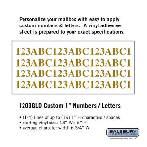 SALSBURY INDUSTRIES 1203GLD Benutzerdefiniertes Buchstaben- und Zahlenset, 18 x 6 Zoll Größe, horizontal, goldenes Vinyl | CE7GWN